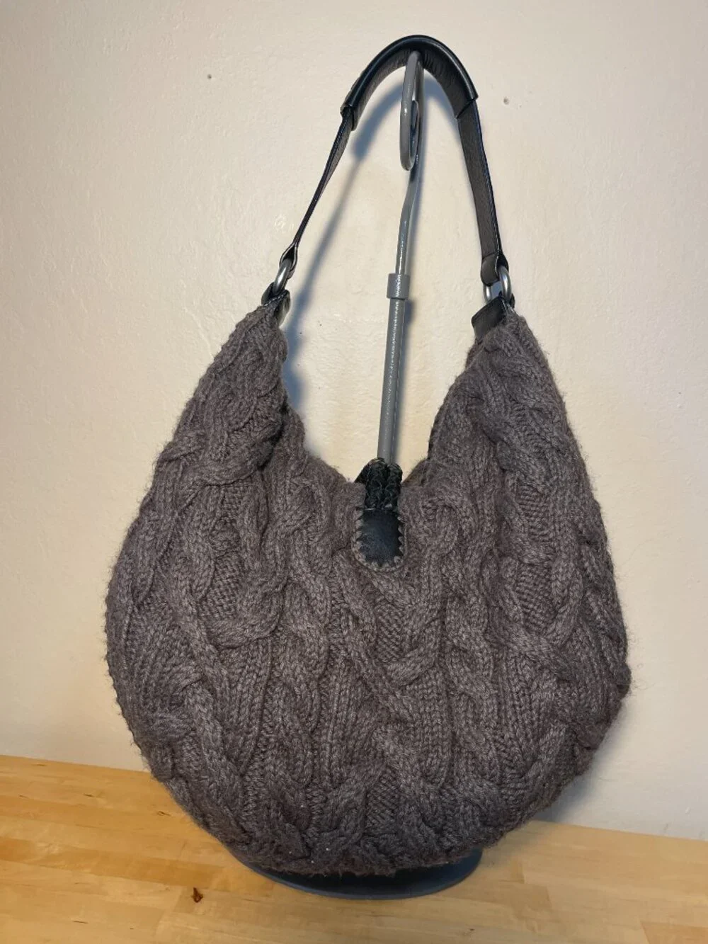 Banana Republic Gray Knit Hobo Bag Black Leather Strap Slouchy Shoulder Purse